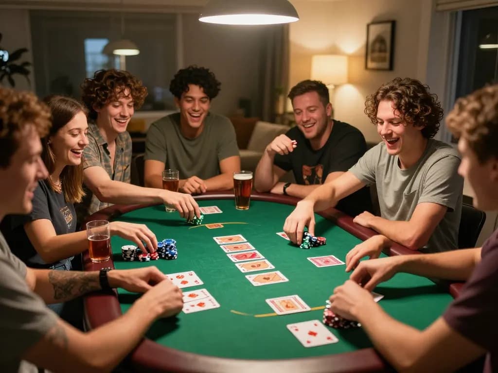 VA88 players enjoying a friendly poker game, showcasing dynamic gameplay and strategic moves in a warm home setting.