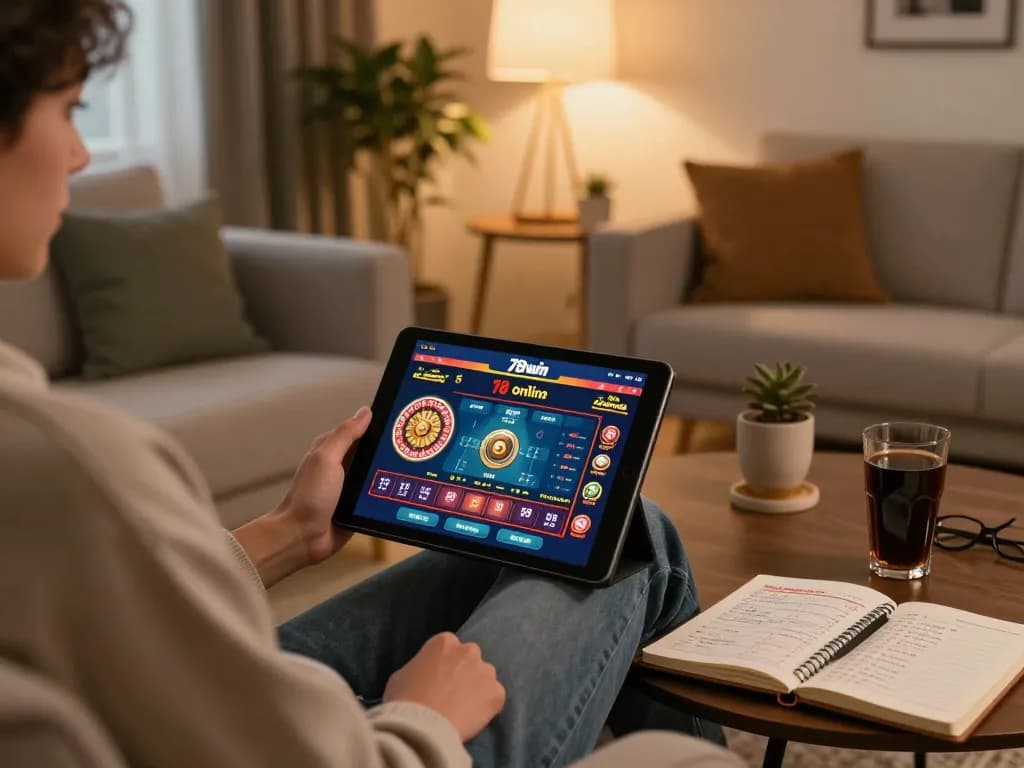 Enjoying a focused online roulette game at 78win on tablet, showcasing a cozy gaming atmosphere.