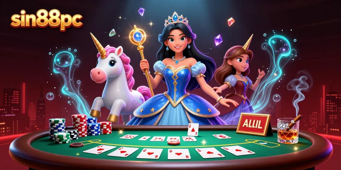 Experience the thrill of sin88pc with an interactive scene featuring games, poker elements, and glamorous characters.