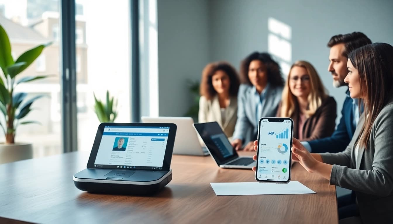 Effiziente digitale Führerscheinkontrolle in einem modernen Büro mit vielfältigen Fachleuten, die Führerscheine scannen.