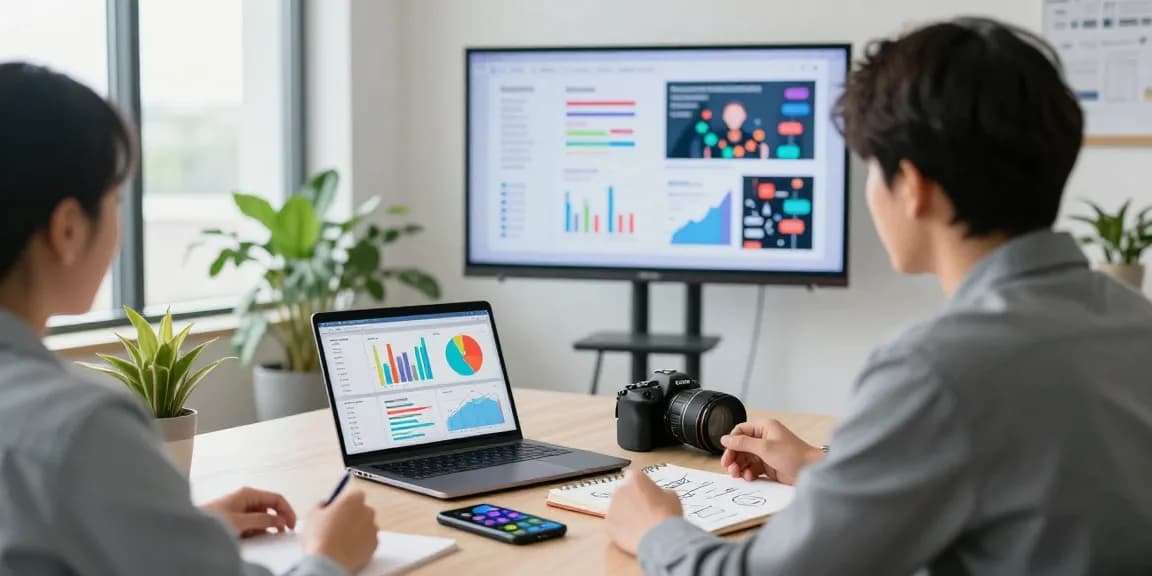 Fesselnde Online-Marketing-Strategie-Sitzung mit Analysen und Kampagnenvisualisierungen