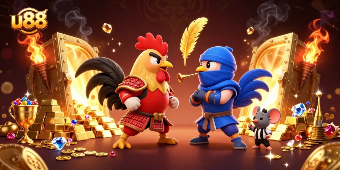 u88 gaming roosters facing off in a vibrant casino showdown, showcasing gold treasures and dramatic effects