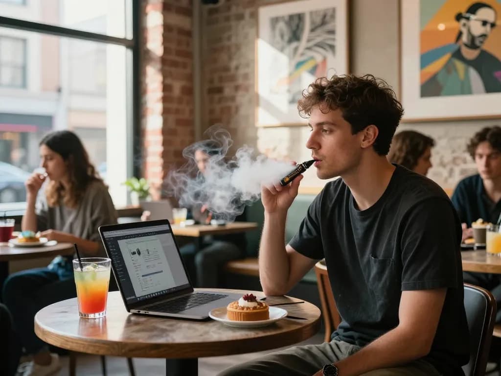 Junger Erwachsener genießt das Al Fakher 30K Hypermax in einem trendigen Café und hebt die lebendige urbane Vaping-Kultur hervor