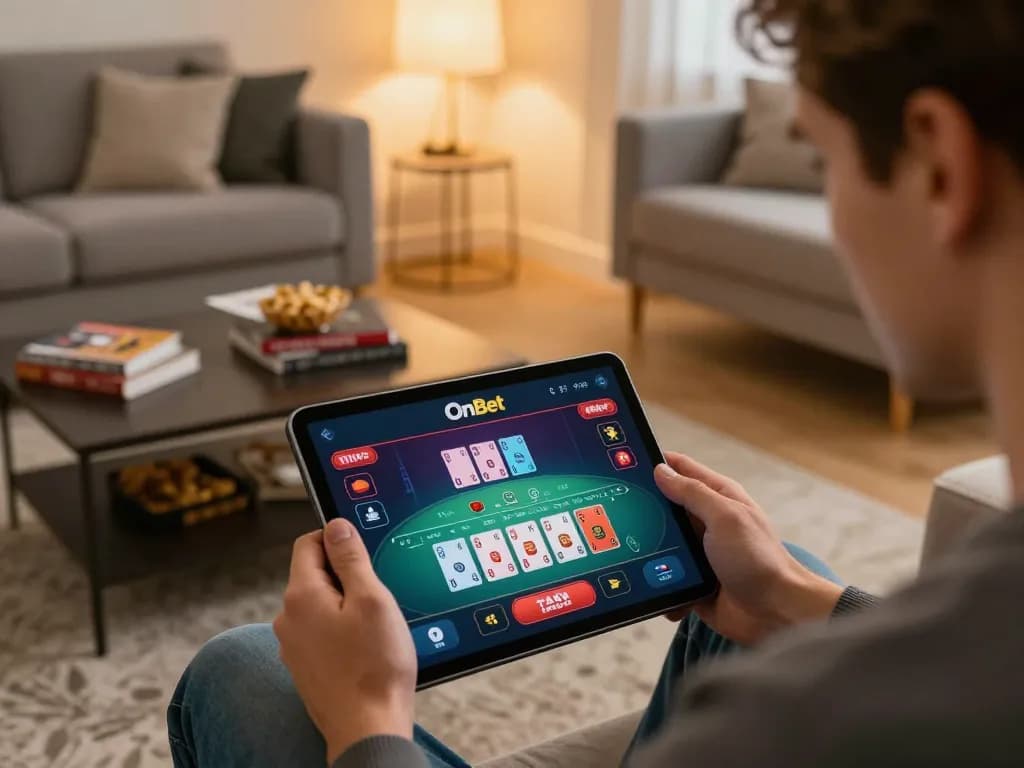 Player enjoying the OnBet app during a cozy home gaming session, featuring live dealer action