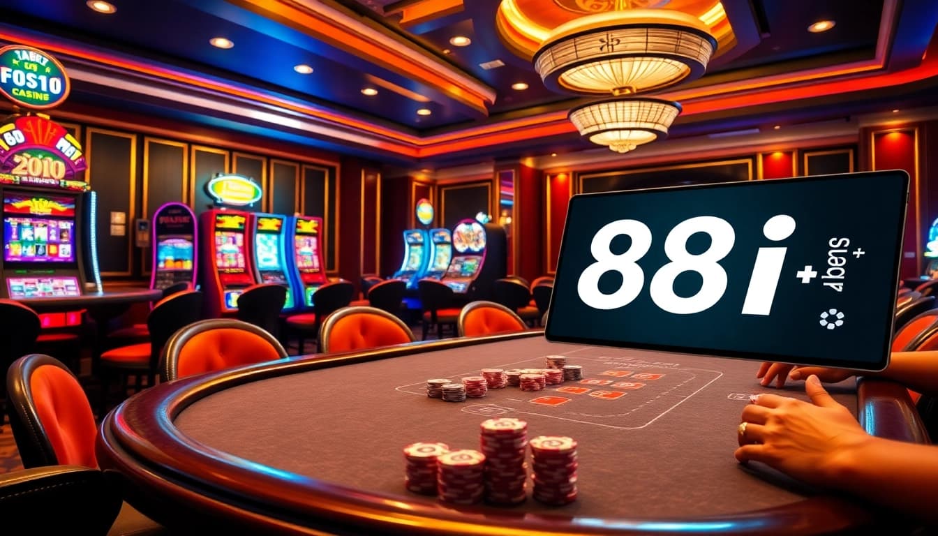 A high-stakes poker game scene highlighting 88i đăng nhập with vibrant slot machines and a roulette wheel in the background.