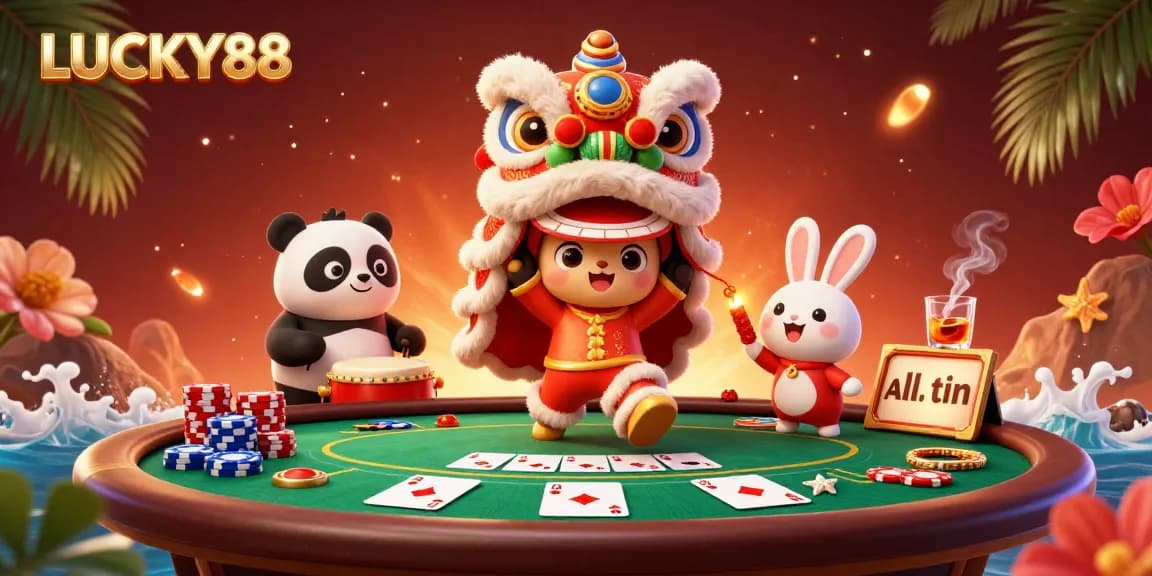 LUCKY88 enhances excitement with a festive 3D casino scene featuring a lion dance, poker table, and vibrant decorations.