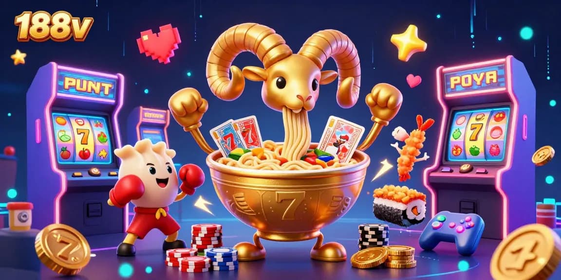 Engage with 188v’s vibrant casino atmosphere through an energetic scene with ramen bowl dealers and dynamic gaming elements.