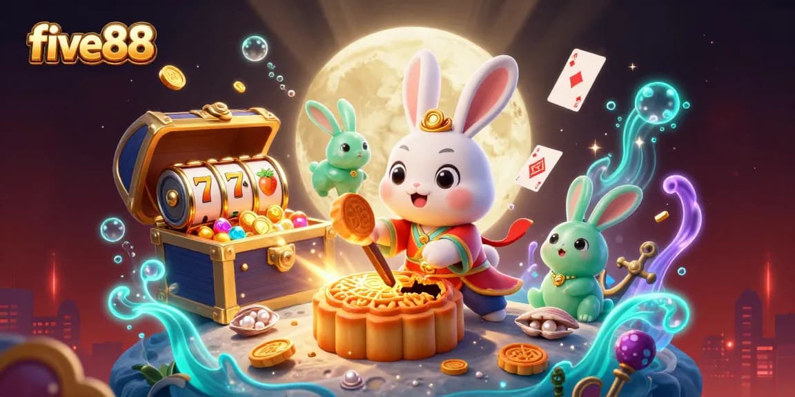 Engage with five88's captivating moon rabbit scene revealing poker chips within mooncakes amidst vibrant casino gaming elements.