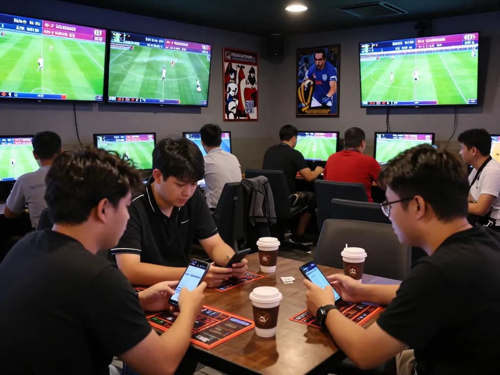 Excited bettors reviewing kèo nhà cái odds in a vibrant sports lounge during live matches.
