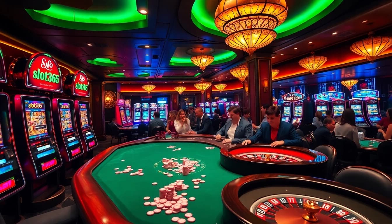 Singo slot365 players engaging in exciting games with vibrant slot machines and elegant casino decor.