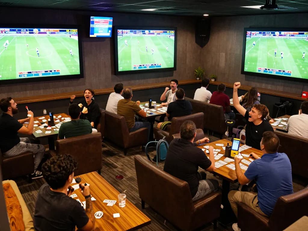 Betting on ฟุตบอล with enthusiastic fans in a vibrant sports lounge celebrating live game