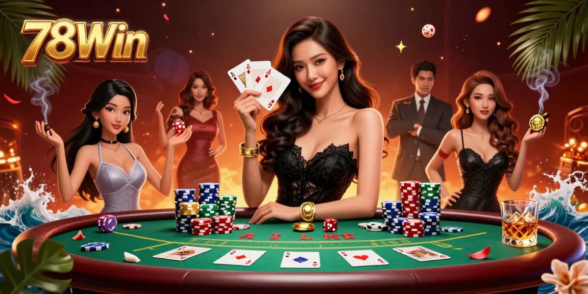 Win big at 78Win with a glamorous Asian woman revealing her winning poker hand in a luxurious casino.