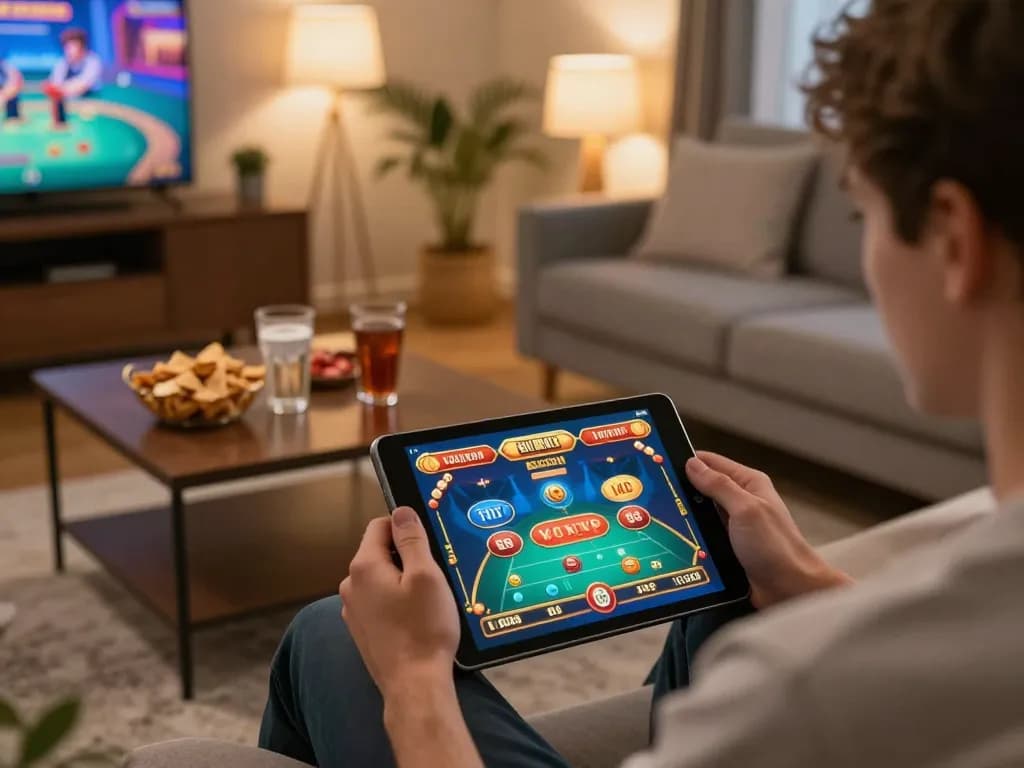 Spieler genießt eine Spielsession im Golden Panda Casino auf einem Tablet und zeigt ein fesselndes Online-Erlebnis.