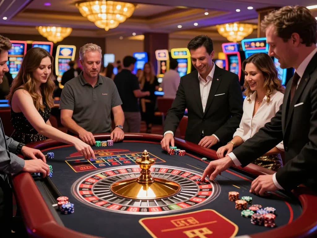 Experience the thrill of fc88 at a heated roulette game, players engaged in strategic betting.