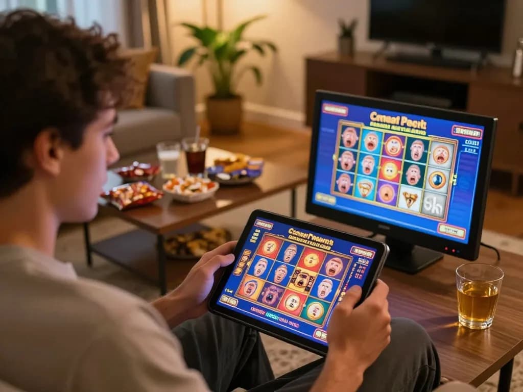 Player enjoying immersive 92slot gaming experience at home, vibrant slot screen and cozy ambiance