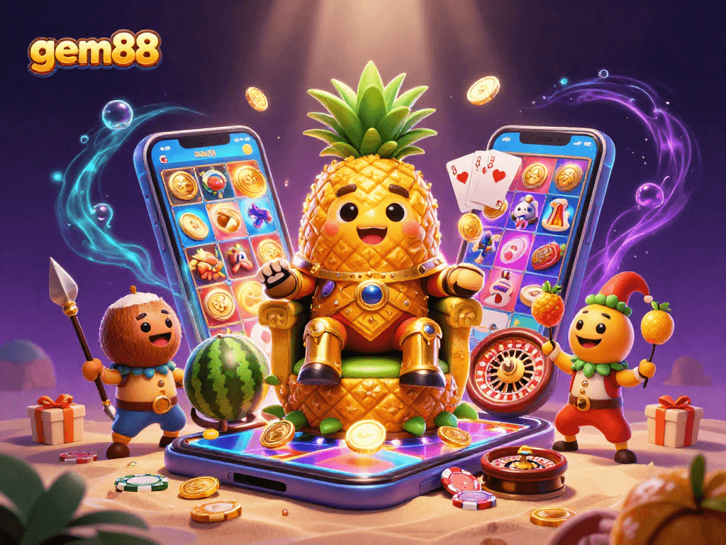 Experience winning moments with gem88 in a vibrant casino scene featuring a pineapple king and animated game elements.