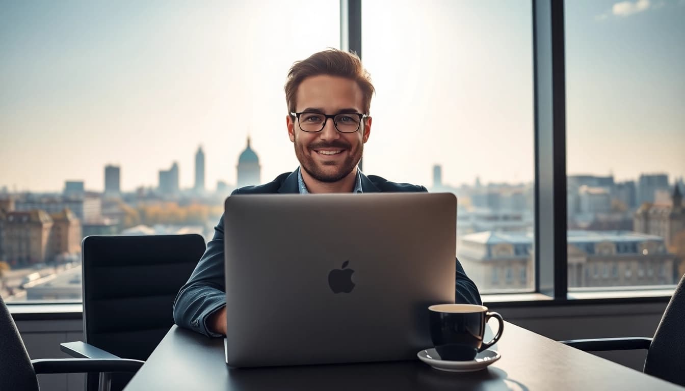 Headhunter Berlin arbeitet an einem Laptop mit Berliner Skyline im Hintergrund.