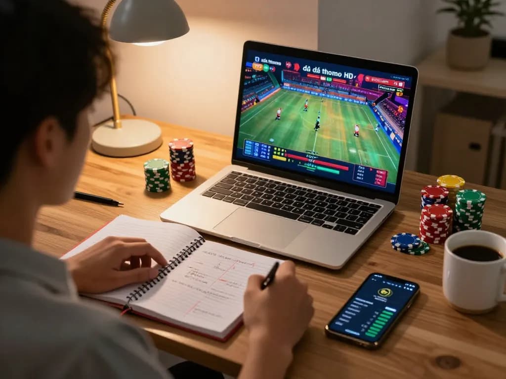 Tham gia cá cược đá gà thomo HD từ xa, xem các trận đấu trực tiếp trên laptop với các ghi chú chiến lược bên cạnh.
