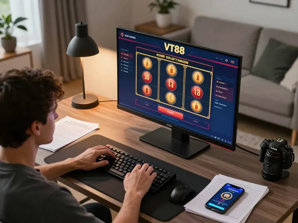Engaging online gaming session featuring VT88 slot games on a desktop screen with strategic notes.