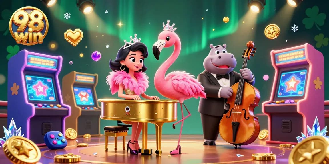 Engage in exciting gameplay and vibrant casino atmosphere with 98 win in a colorful 3D illustration.