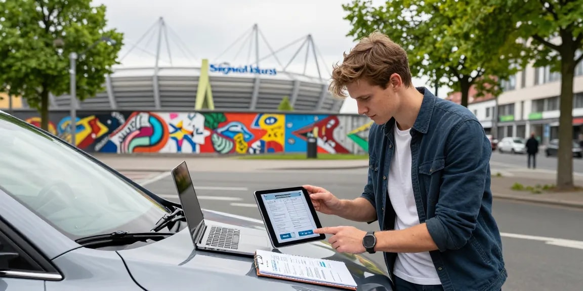 Vergleich von Autoversicherungen Dortmund auf einem Tablet mit modernem Stadtbild im Hintergrund.