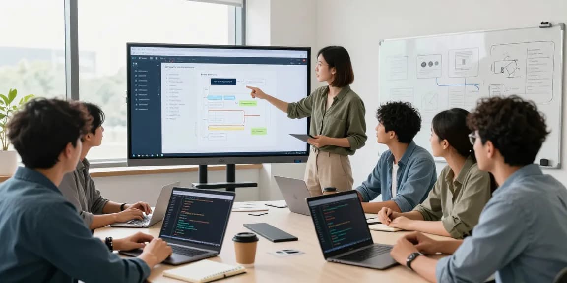 Build internal tools with AI in a collaborative software development workspace where team members engage in design discussions.