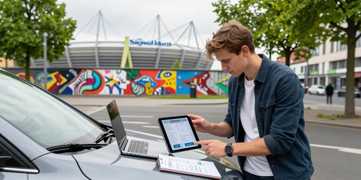 Vergleich von Autoversicherungen Dortmund auf einem Tablet mit modernem Stadtbild im Hintergrund.