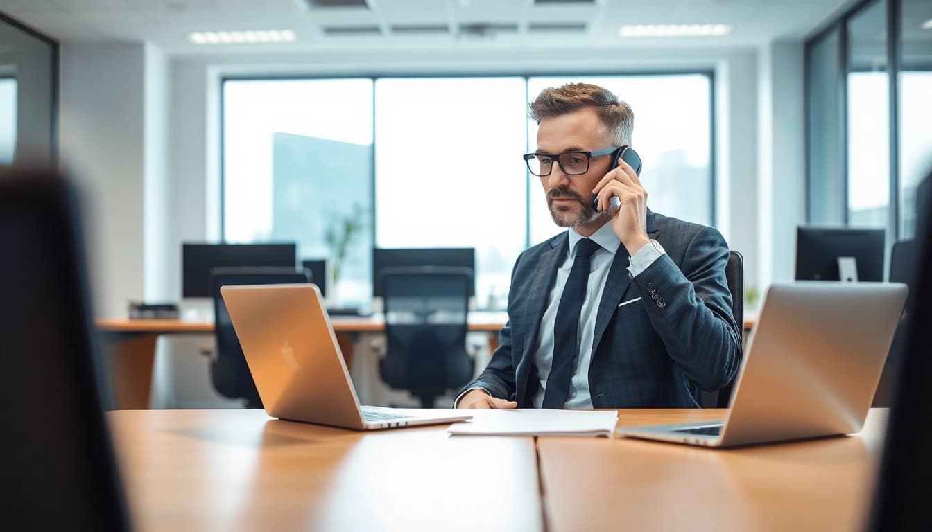 Headhunter Karlsruhe im professionellen Büro beim Telefonieren mit Klienten.