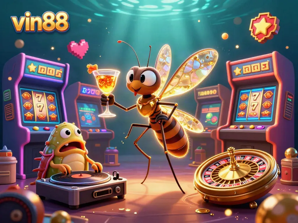 vin88 engages players with a lively casino scene featuring a unique mascot and exciting gaming elements.