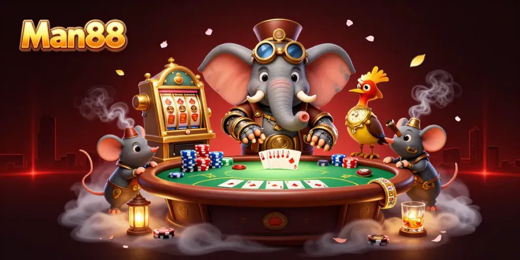 Experience thrilling action with Man88's steampunk elephant engineer at a dynamic casino scene, packed with vibrant gaming elements.