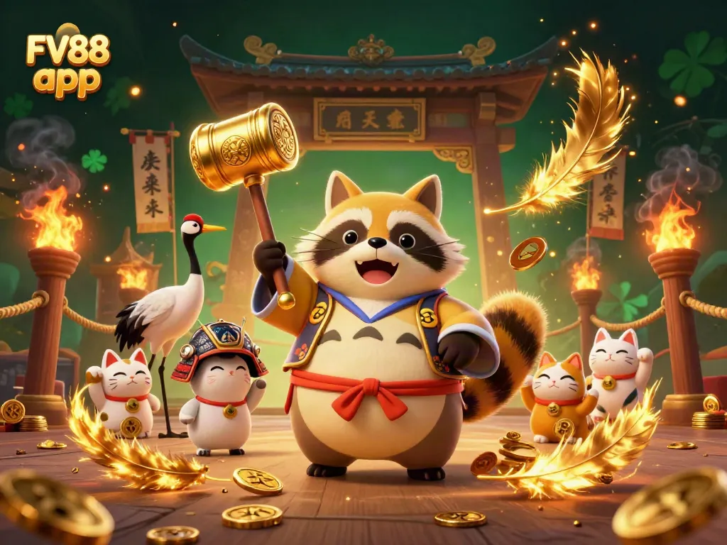 Engage with the FV88 app through a vibrant 3D illustration featuring a lucky raccoon dog and fortune cats.