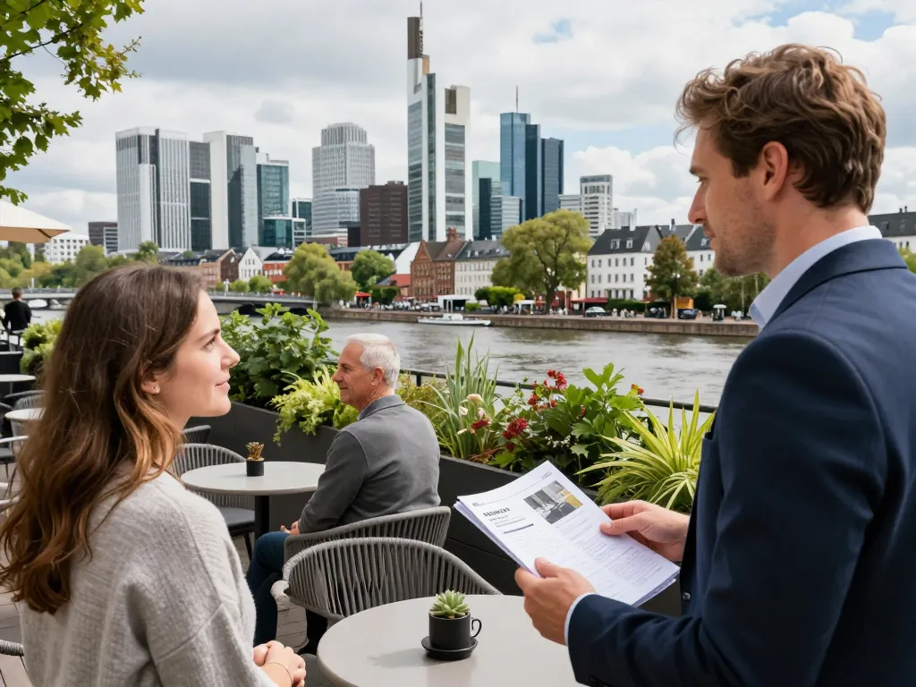 Immobilienmakler Frankfurt Sachsenhausen zeigt ein Penthouse potenziellen Käufern in einem lebhaften Viertel.