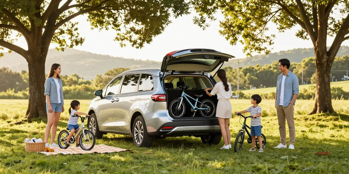Der Toyota Verso Familienwagen, geparkt in einer malerischen Landschaft während eines Familientags, mit Kindern, die Fahrräder ausladen und die Vielseitigkeit und Abenteuerlust hervorheben.