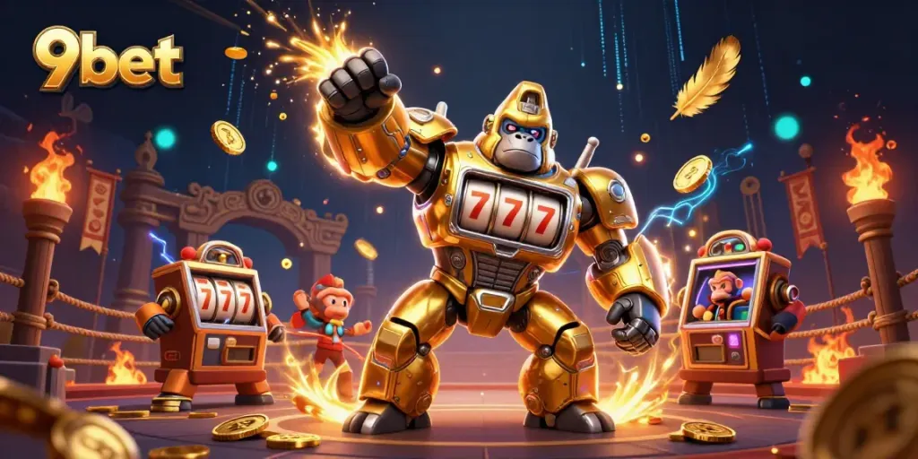 Engage with thrilling gameplay at 9bet with a fun-filled 3D illustration of a golden gorilla mech.