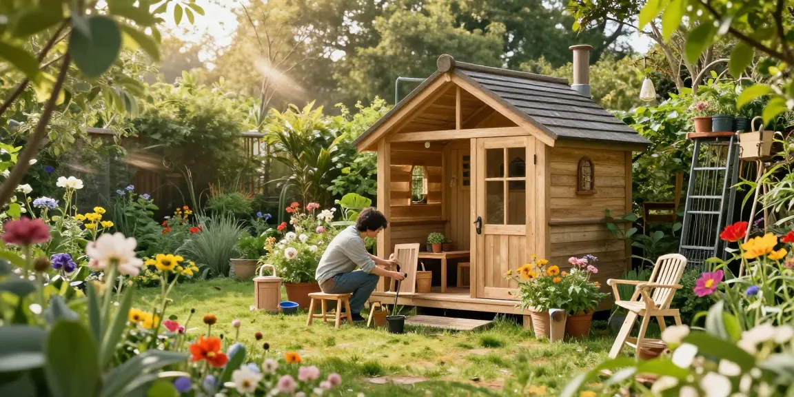 Gartenhäuser: Schönes Holz-Gartenhaus umgeben von bunten Blumen und Möbeln im Garten.