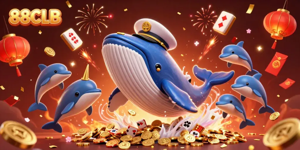 Experience excitement at 88CLB with a whale and dolphin celebrating amidst coins and poker elements.