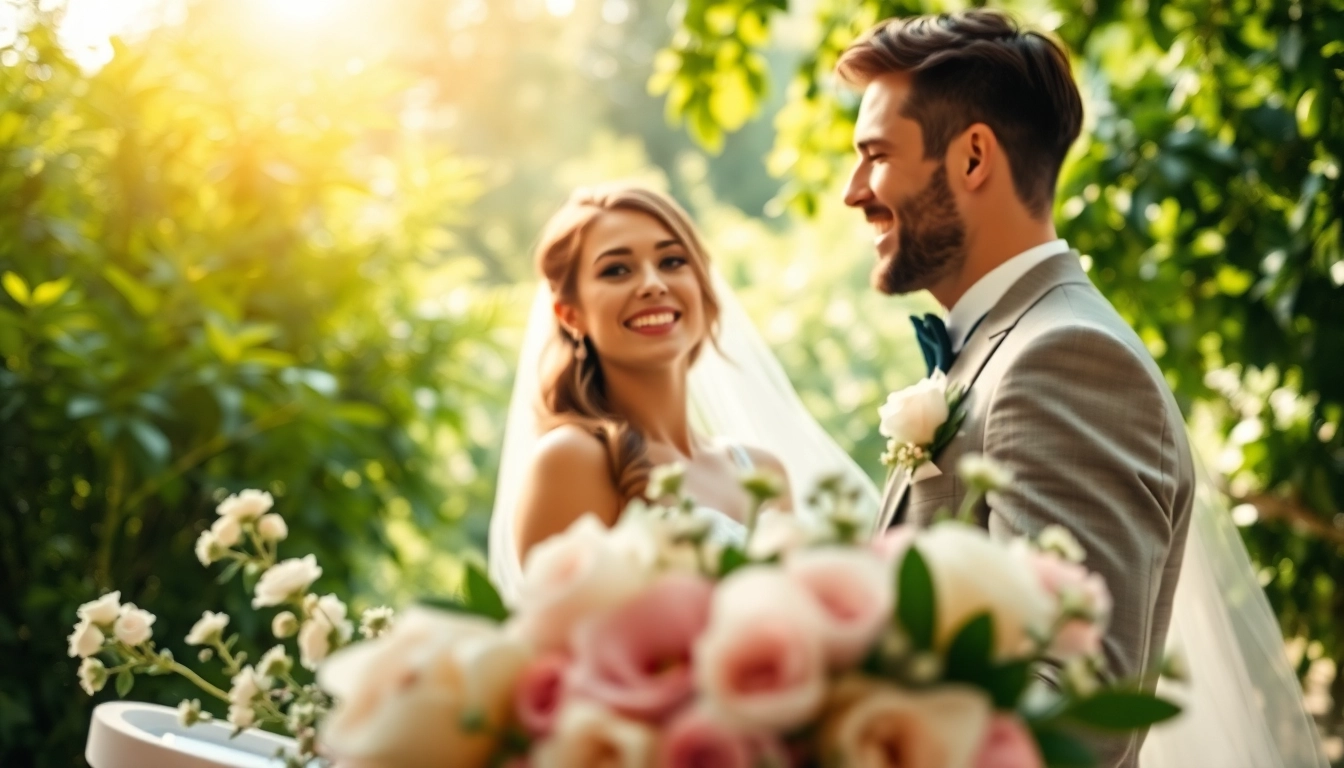 Zauberhafte Fotografie eines Paares beim Ja-Wort von einem Hochzeitsfotograf München in einem Garten.