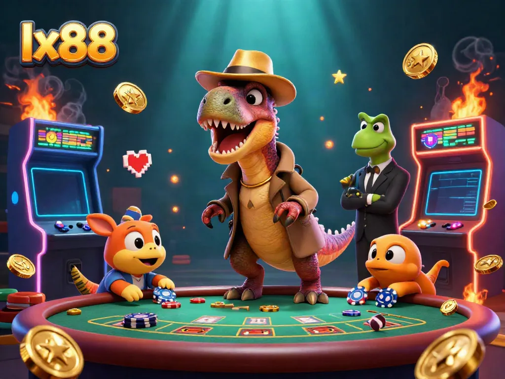 Play at lx88 with a velociraptor at a blackjack table while a stegosaurus pit boss keeps watch.
