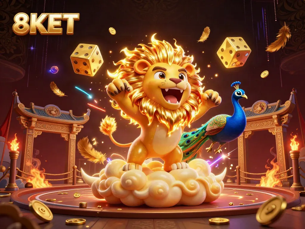 Experience thrilling spins and golden wins with 8KET's dynamic 3D casino scene featuring action and excitement.