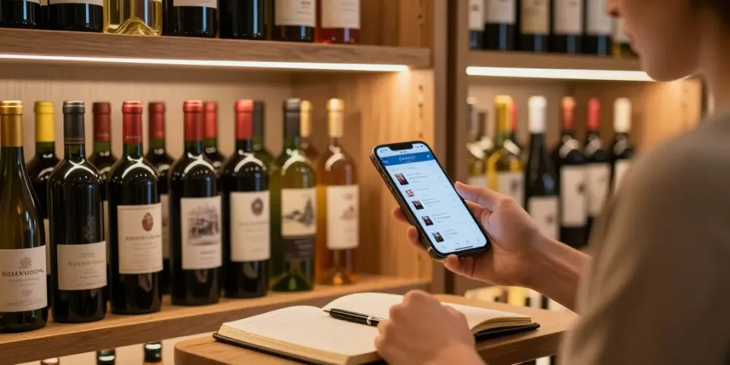 Weinsammlung verwalten in einem modernen Weinkeller mit Lichtakzenten.