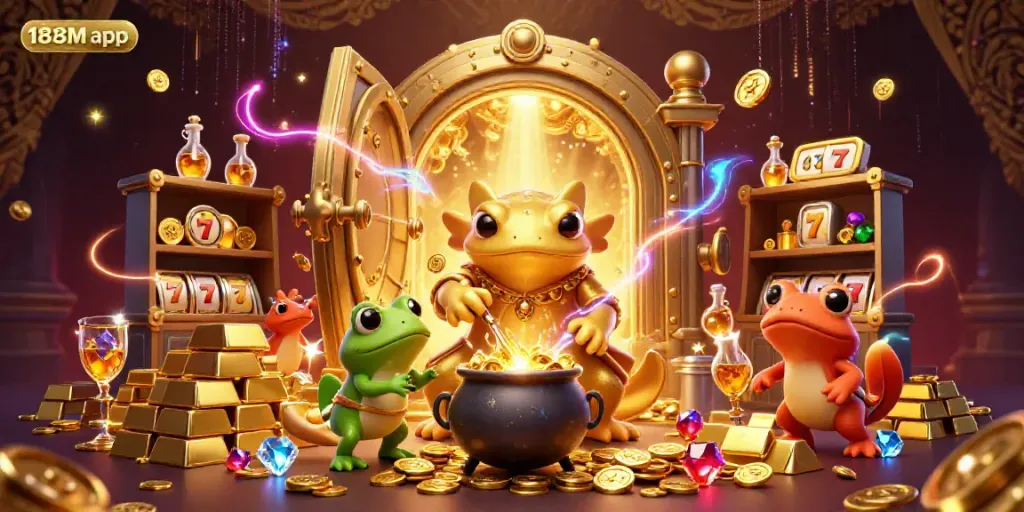 Experience the thrill of the 188M app with immersive casino elements and golden treasures in vivid detail.