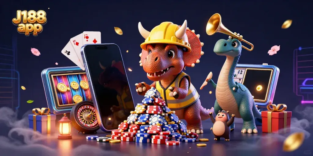 Experience the J188 app with vibrant characters and exciting casino elements in an engaging 3D scene.