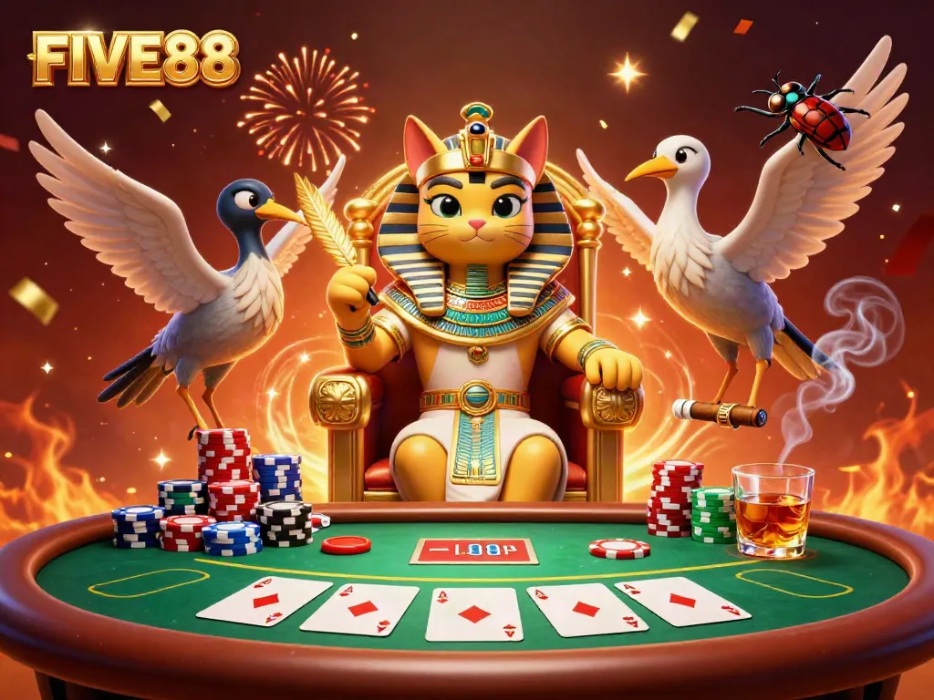 Experience the excitement of FIVE88 with a majestic pharaoh-themed casino illustration showcasing poker and vibrant scenes.
