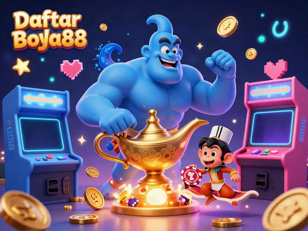 Experience excitement at Daftar Bola88 with a vibrant casino-themed scene featuring a genie and magic carpet.