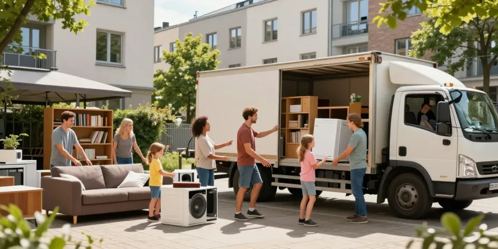 Sperrmüll Abholung Berlin: Familie in Berlin beim Sortieren von Möbeln für die Abholung.