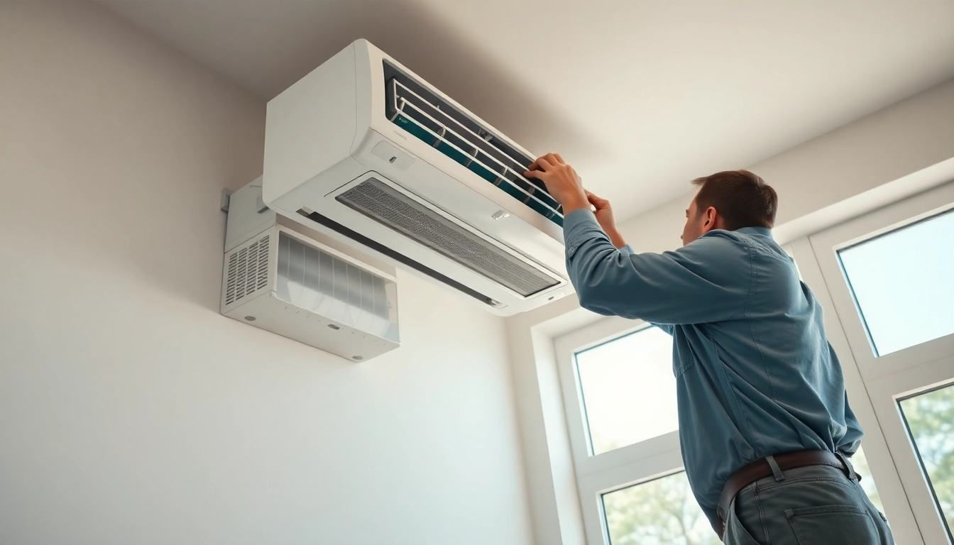 Klimaanlagen installieren lassen von einem Fachmann in einem hellen, modernen Wohnraum.
