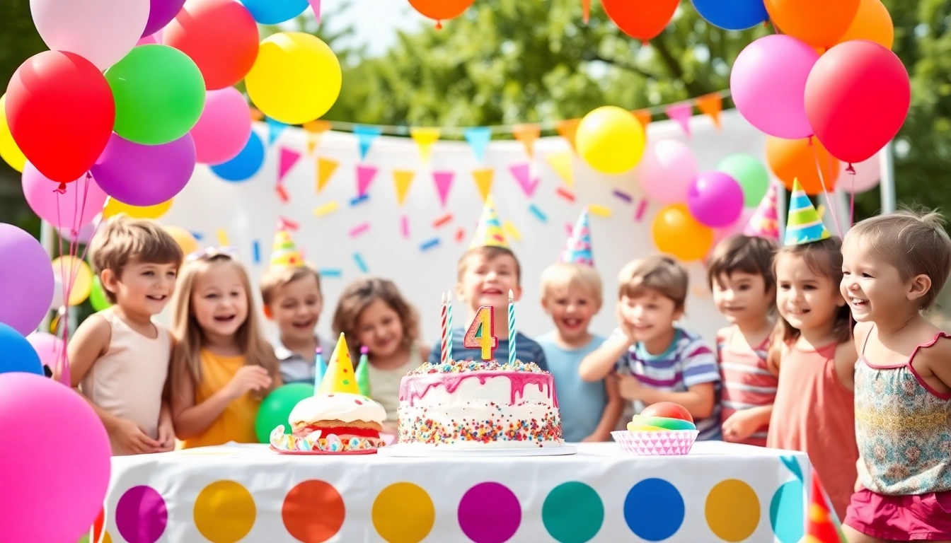 Kindergeburtstag 4 Jahre mit bunten Dekorationen und spielenden Kindern
