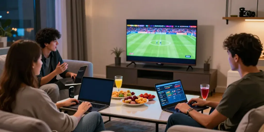 Friends enjoying online betting on Alternatif Bola88 in a cozy living room.