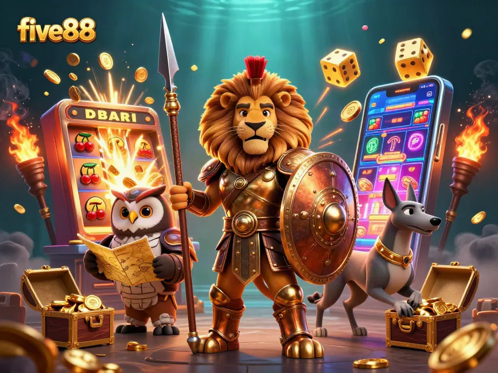 Experience thrilling wins at five88 with a vibrant 3D casino scene featuring iconic gaming elements.