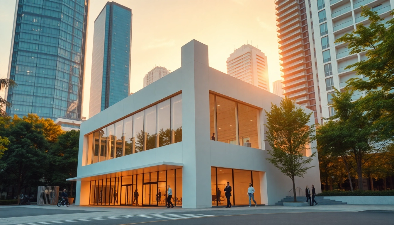Visualisierung architektur einer modernen Gebäudegestaltung in einer urbanen Umgebung mit warmen Licht und lebendigen Farben.